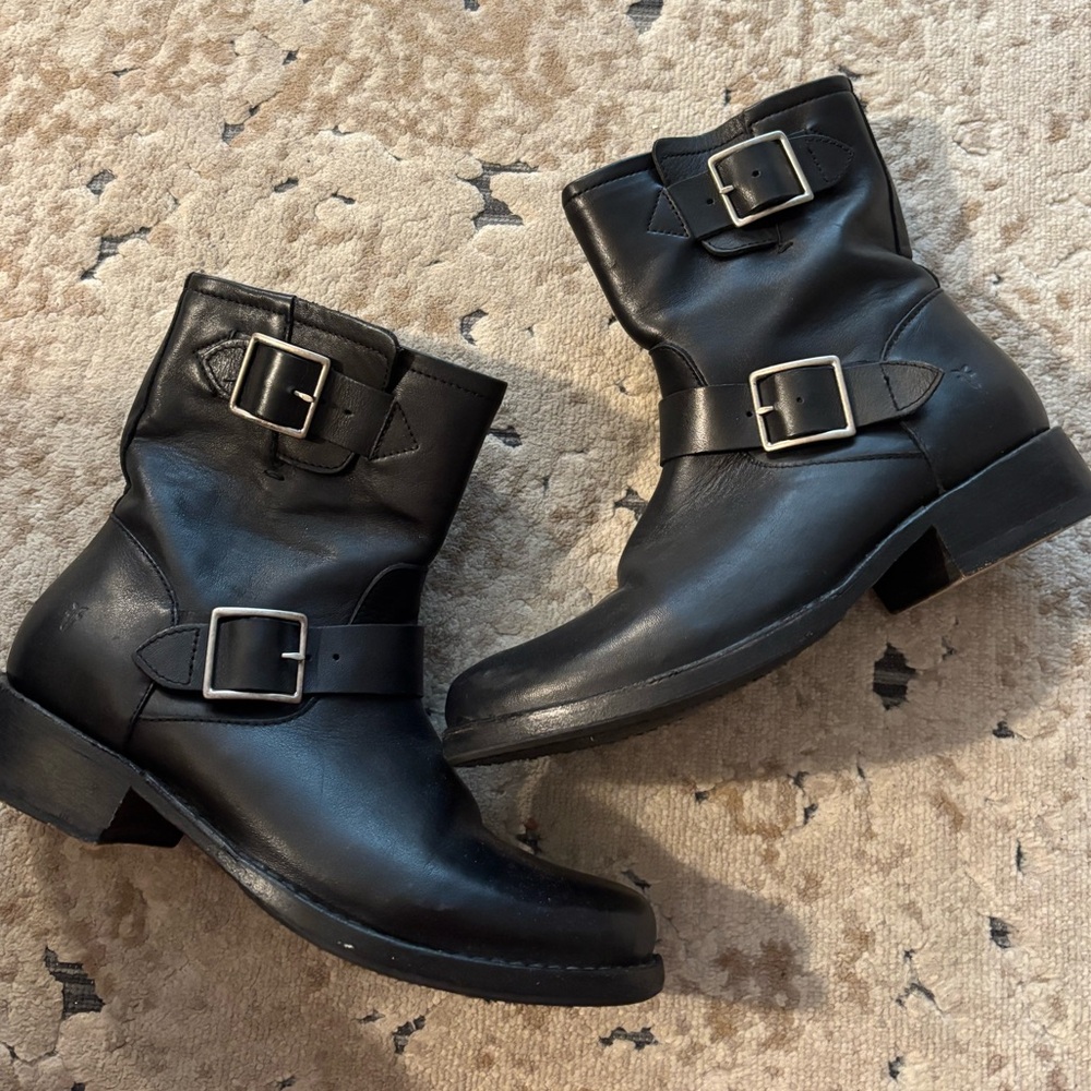 FRYE Black Leather Buckle Ankle Boots Size 7.5